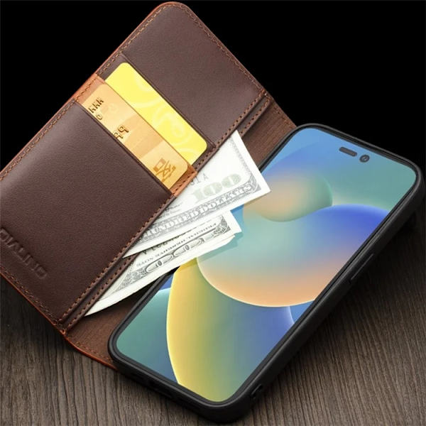QIALINO iPhone 15 Plånboksfodral Äkta läder - Brun Brun