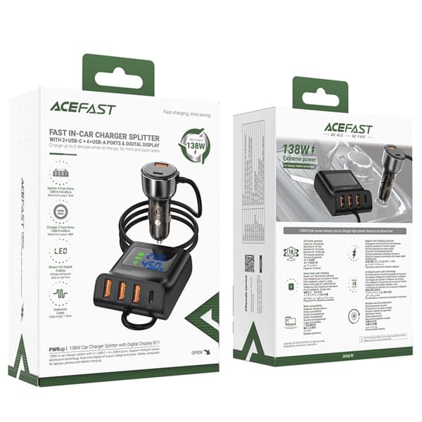 Acefast B11 138W USB-A USB-C Billaddare med 6 Portar - Svart Black