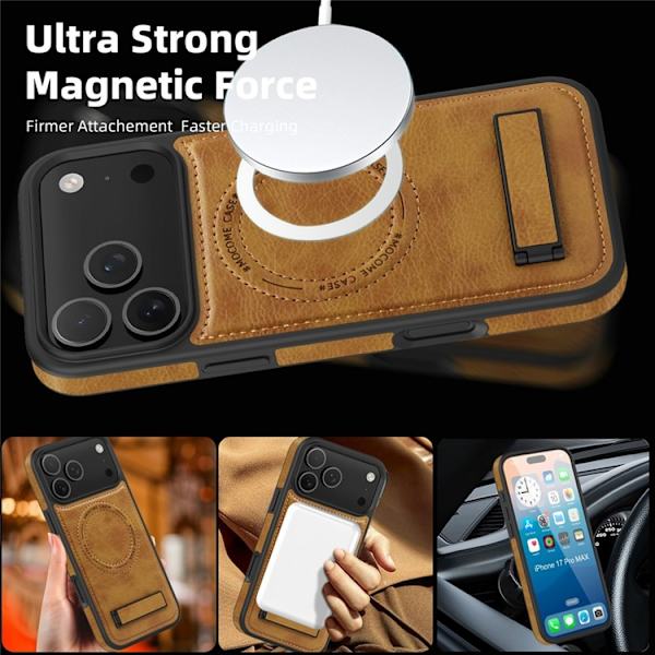 Mobilskal till iPhone 17 Pro Max MagSafe Kickstand Läder - Brun Brun