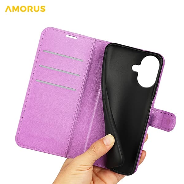 AMORUS iPhone 17 Konstläder Plånboksfodral Flipstativ Litchi - Lila Lila