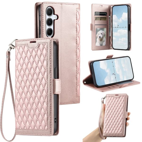 Samsung Galaxy S26 Plus Plånboksfodral Konstläder Rhombus Textur - Roséguld