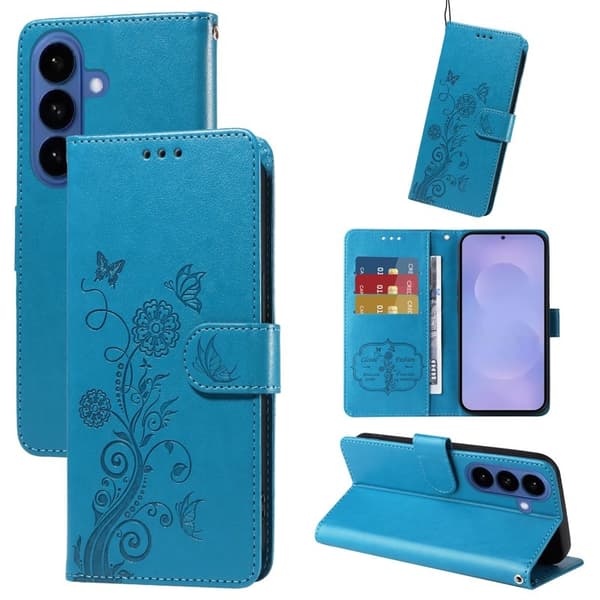 Samsung Galaxy S26+ Plånboksfodral Konstläder Blomtryck Ställ - Blå