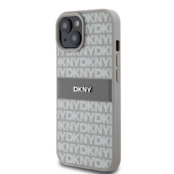 DKNY iPhone 15/14 Plus Mobilskal Läder Mono Stripe & Metal Logo Beige