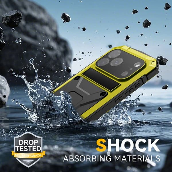 R-JUST Mobilskal till iPhone 17 Pro PC + Silikon + Metall Kickstand Gul