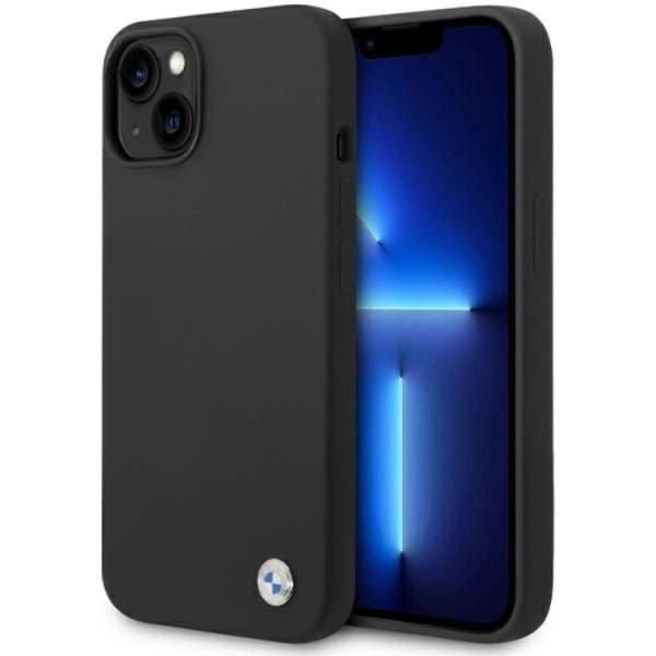 BMW iPhone 15/14/13 matkapuhelinkotelo silikonimetallilogo - musta