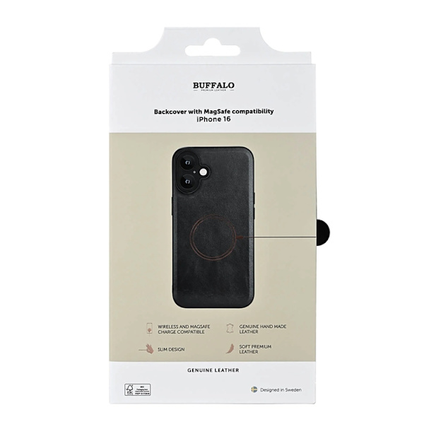 BUFFALO Ægte Læder Telefontaske til iPhone 16 MagSafe Læder - Sort Black