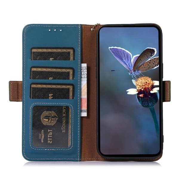 Samsung Galaxy S26 Plånboksfodral Anti-Drop Äkta Läder RFID Skydd - Blå