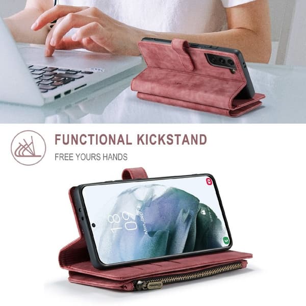 CASEME Konstläder Plånboksfodral för Samsung Galaxy S21 Röd med Rem