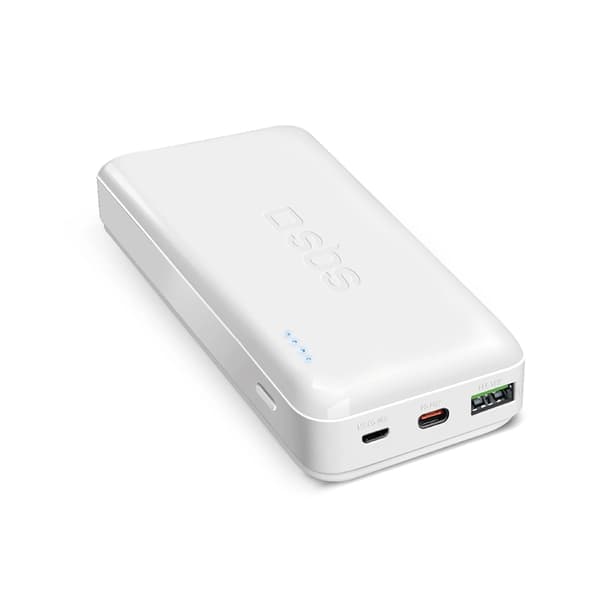 SBS Powerbank 20000mAh Med MicroUSB - USB-C - USB-A - Vit Vit