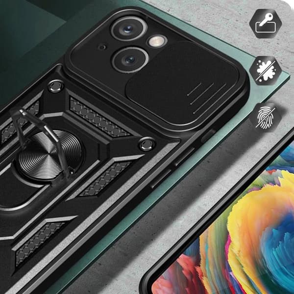 iPhone 14 Plus -kuori kamerasuojalla ja telineellä – musta Black