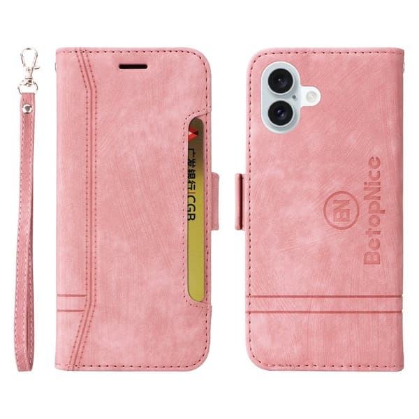 BETOPNICE 001 iPhone 16 Plus Plånboksfodral Ställ Card Slots Konstläder - Rosa