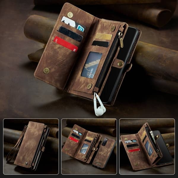 CASEME 008 Retro Plånboksfodral Konstläder 2-i-1 Ställ Samsung S20 Brun
