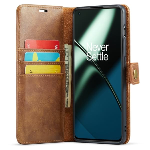 DG.MING OnePlus 11 5G Äkta Läder Plånboksfodral Detachable Magnet Brunt