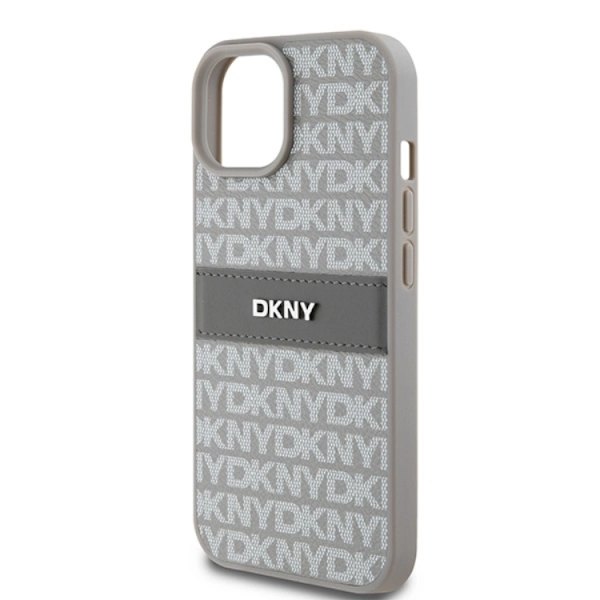 DKNY iPhone 15/14 Plus Mobilskal Läder Mono Stripe & Metal Logo Beige