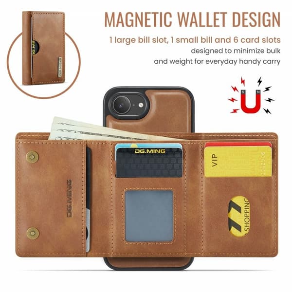 DG.MING M6 Series Mobilskal till iPhone 16e Magnetiskt Plånboksfodral Brun