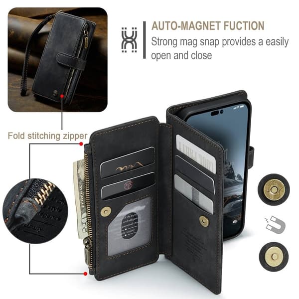 CASEME C30 iPhone 14 Pro Plånboksfodral Konstläder Svart med Kortfack
