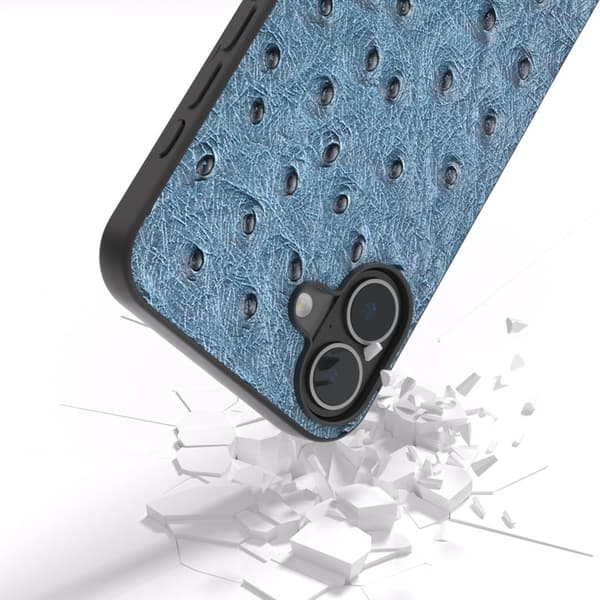 ABEEL Mobilskal till iPhone 16 Äkta Läder + PC + TPU Blå Ostrich Textur