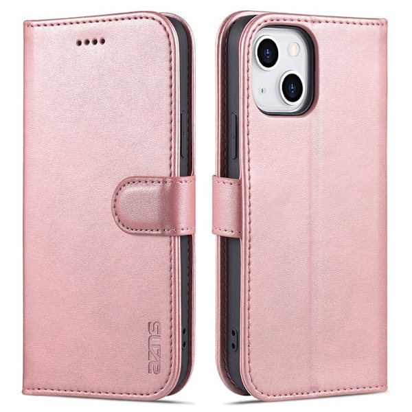AZNS iPhone 15 Plus Plånboksfodral Ställ Konstläder - Roséguld
