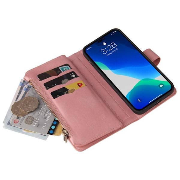 iPhone 14 Plånboksfodral KT Zipper - Rosa