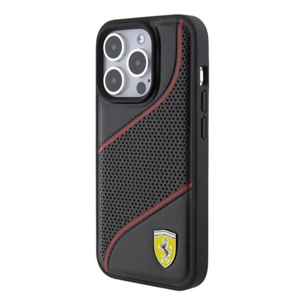 Ferrari iPhone 15 Pro Mobilskal Perforated Waves Metal Logo - Sort Black