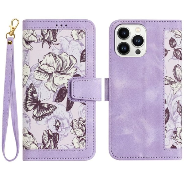 iPhone 15 Pro Wallet Case Blomstermønster - Lys Lilla