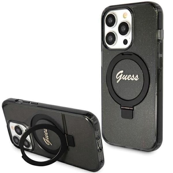 Guess iPhone 15 Pro Mobilskal Magsafe Ringställ Script Glitter Svart