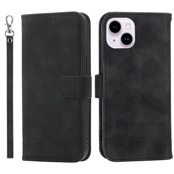 DIERFENG DF-03 Plånboksfodral i Konstläder för iPhone 15 Plus - Svart