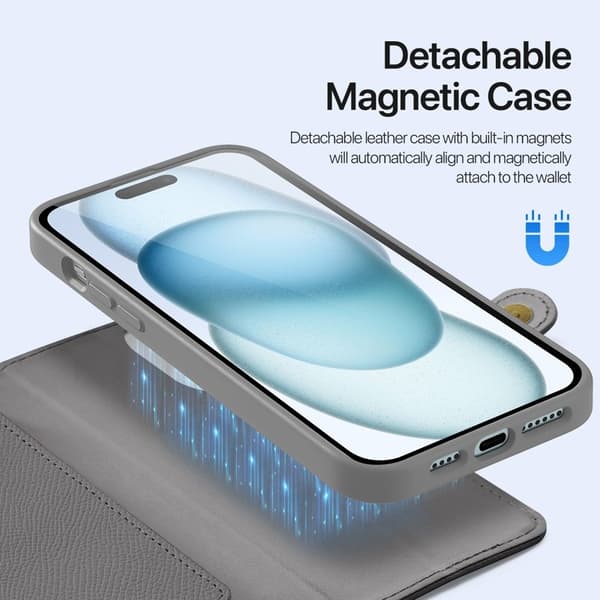 DUX DUCIS Lawa iPhone 15 Plus Plånboksfodral Äkta läder - Grå