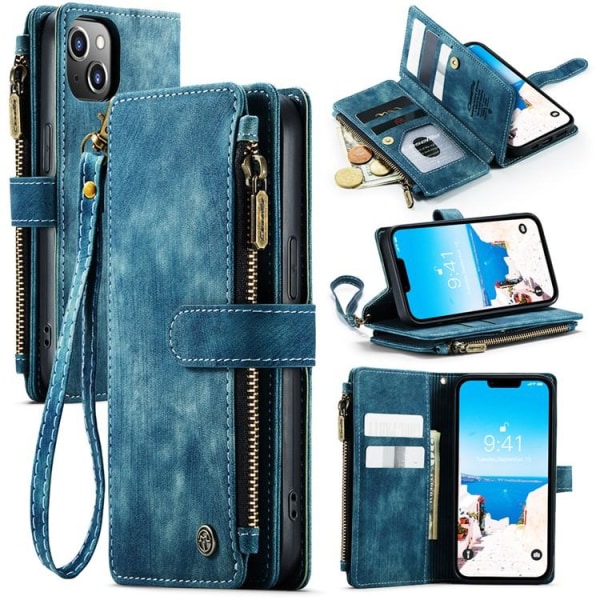 CASEME iPhone 15 Plus -lompakkokotelo C30 Zipper - Sininen