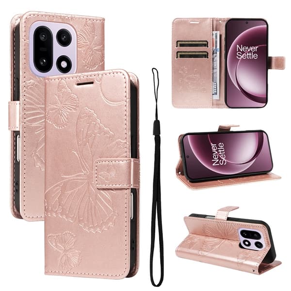 OnePlus 15 Konstläder Plånboksfodral Floral Butterfly Imprinted Roséguld