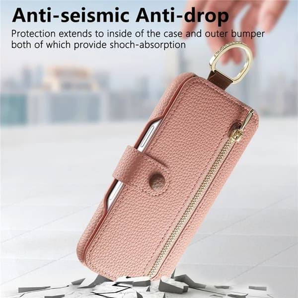 iPhone 17 Pro Konstläder Plånboksfodral RFID-Skydd Zipper - Rosa Rosa