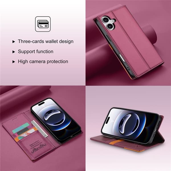 N.BEKUS iPhone 17 Konstläder Plånboksfodral RFID-Skydd P3 - Vinröd Vinröd