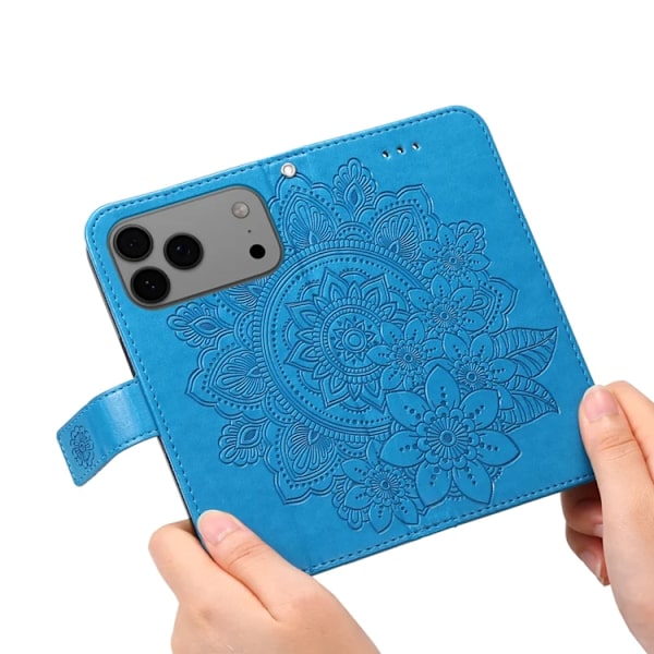 iPhone 17 Pro Max Konstläder Plånboksfodral Floral Pattern - Blå Blå