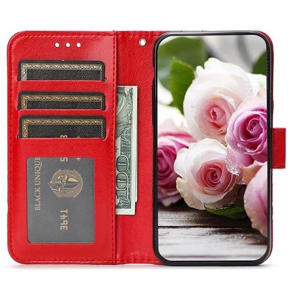Galaxy S25 Ultra Konstläder Plånboksfodral Imprinted Rosa Butterfly Röd