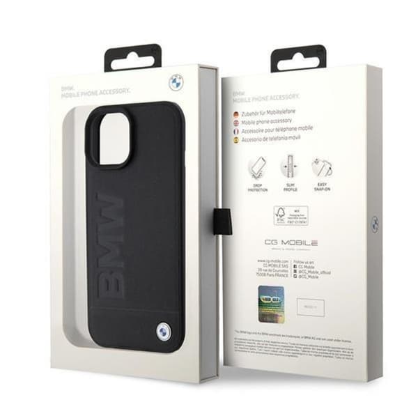 BMW iPhone 15 Mobilskal Magsafe Læder Hot Stamp - Sort Black