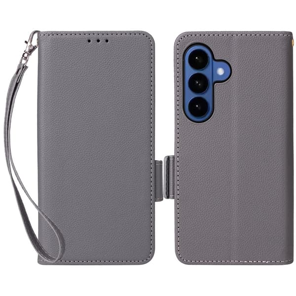 Galaxy S26/S26 Pro Plånboksfodral Litchi Konstläder med Rem - Grå Grå