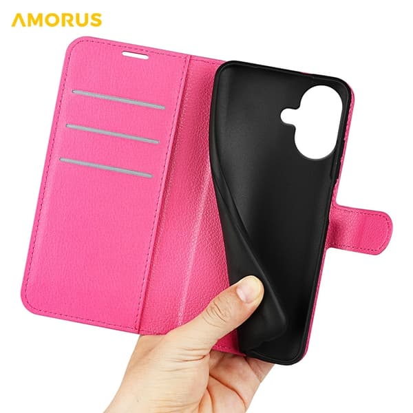 AMORUS iPhone 17 Konstläder Plånboksfodral Flipstativ Litchi - Rosa Rosa