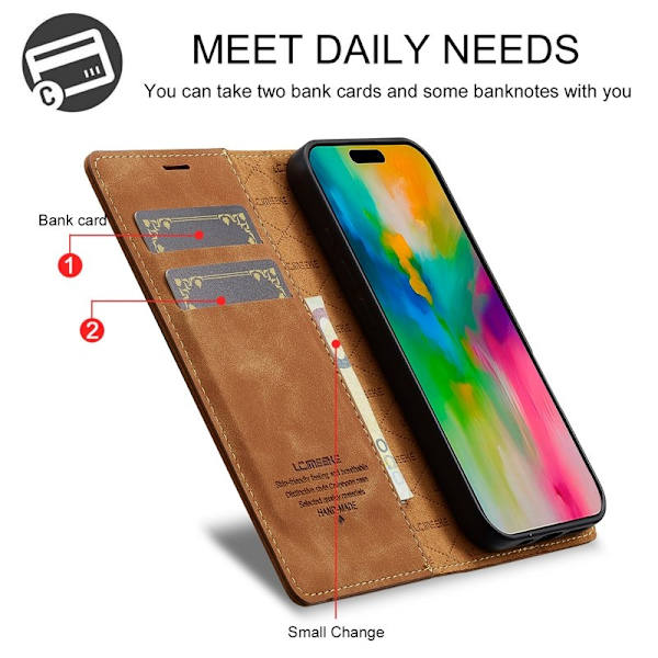 LC.IMEEKE iPhone 16 Plus Plånboksfodral Konstläder- Brun