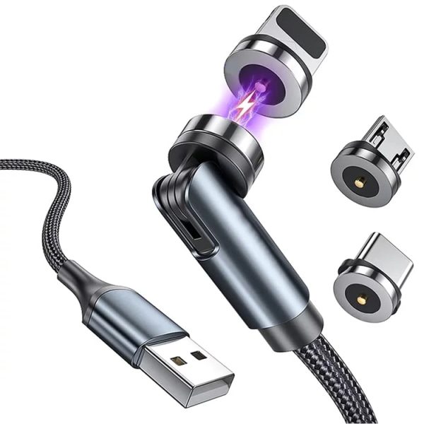 3i1 360° magnetisk kabel Lightning, USB-C, Micro-USB, 2.4A - Sort