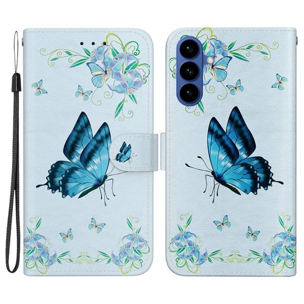 Plånboksfodral för Samsung Galaxy S26 Plus Konstläder - Blå fjäril blommor