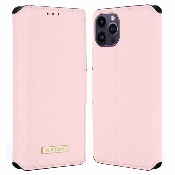 MUXMA iPhone 14 Pro Max Wallet Case Cross Texture - vaaleanpunainen