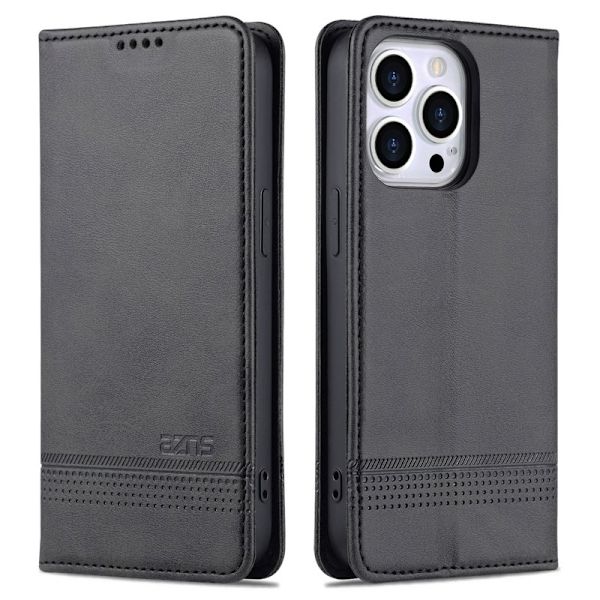 AZNS iPhone 16 Pro Max Plånboksfodral Folio Konstläder - Svart