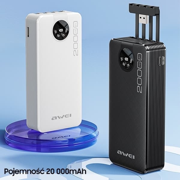 Awei Powerbank 20000mAh Med Micro-USB/USB-C/Lightning Kabel - Svart Black