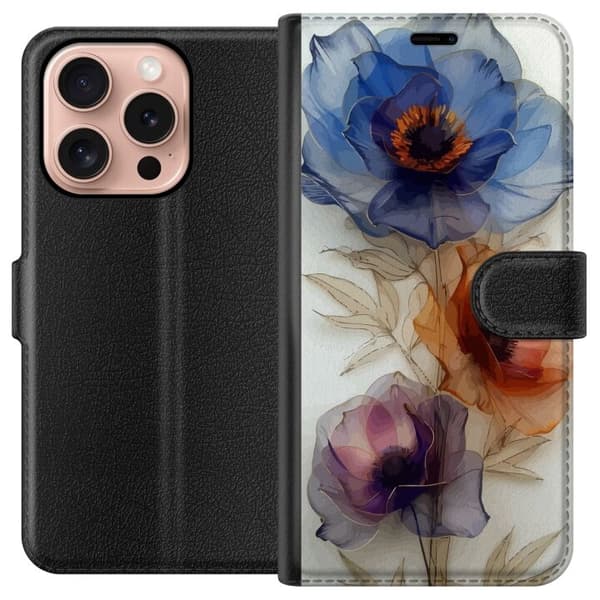 Lompakkokotelo Apple iPhone 16 Prolle, jossa silkkikukkia