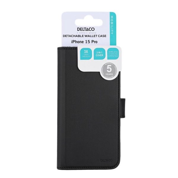 Magneettinen Deltaco 2-in-1 iPhone 15 Pro -lompakkokotelo - musta
