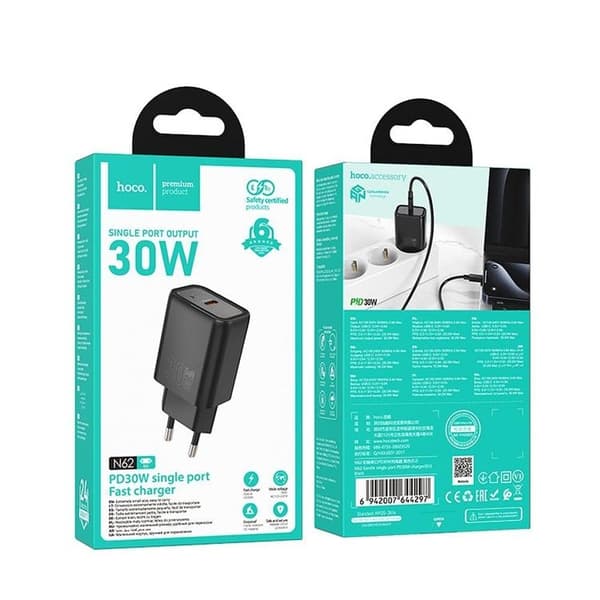Hoco Hurtigoplader 30W USB-C GaN PD QC N62 - Sort Svart