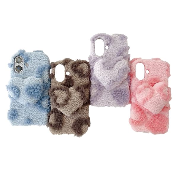 Mobilskal till iPhone 17 3D Heart Plush TPU Winter Warm Soft - Rosa Rosa