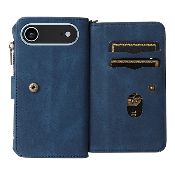 iPhone 17 Air Konstläder Plånboksfodral Zipper Rem Blå