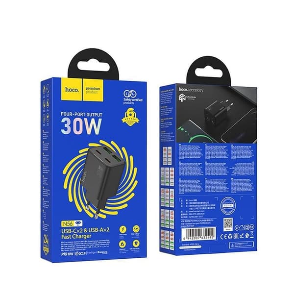 Hoco Snabbladdare PD 30W 2xUSB-A 2xUSB-C QC3.0 3A N56 - Svart
