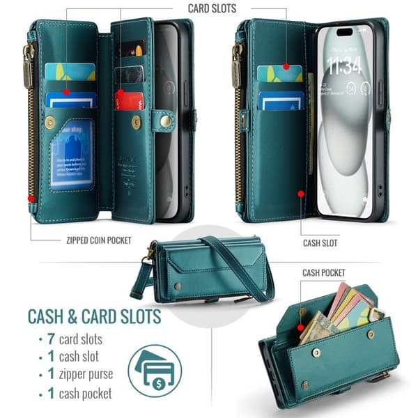 CASEME Plånboksfodral Konstläder för iPhone 15 med kortfack - Grön